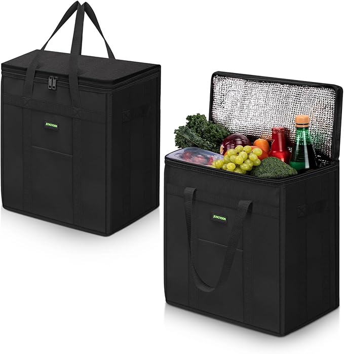 JUNGYOON 2-Pack Heavy-Duty Insulated Grocery Bags & Picnic Basket – Collapsible Cooler Bag with Zippered Top | Reusable Shopping Bags for Groceries, Picnics, Easy Storage(M Black)