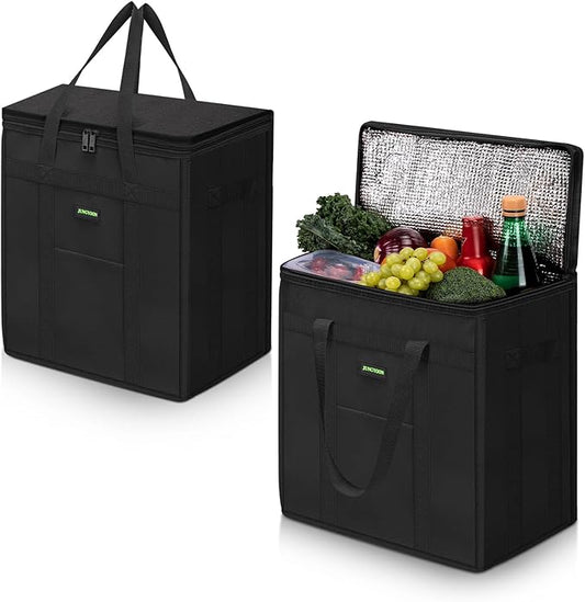 JUNGYOON 2-Pack Heavy-Duty Insulated Grocery Bags & Picnic Basket – Collapsible Cooler Bag with Zippered Top | Reusable Shopping Bags for Groceries, Picnics, Easy Storage(M Black)