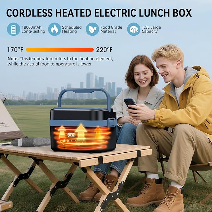 Cordless Electric Lunch Box for Adults, Rechargeable Portable Self-Heating Lunch Box Food Warmer, 1.5L Container for Outdoor, Work, Office, Camping, Travel(BlackBlue).