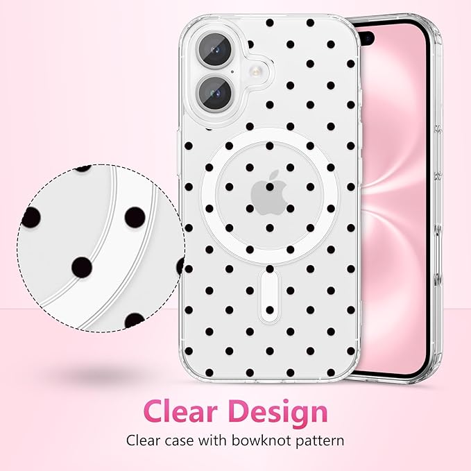 ZTOFERA Magnetic for iPhone 16 Plus Case,Cute Polka Dot Phone Case Aesthetic Striped Clear Trendy Slim Soft Shockproof Protective Phone Cover for Women Girls, Black Dot