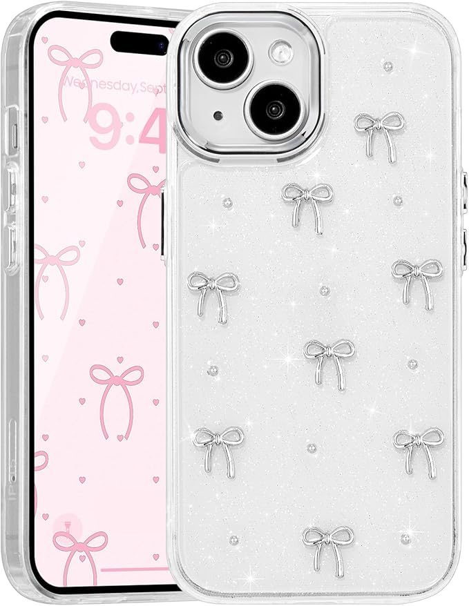 EYZUTAK Case for iPhone 15, Bling Glitter 3D Bowknot Phone Case Cute Sparkly Crystal Clear Bow Aesthetic Design Case Slim Soft Durable TPU Transparent Protective Cover for Women Girls - Bow