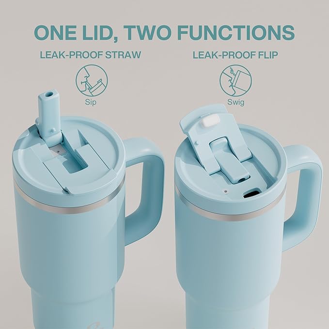 32 oz Tumbler with Handle and Straw: Stainless Steel Insulated Tumbler Keeps Cold for 24 Hours, Leakproof Travel Cup Fits in Cup Holder and BPA-Free,Pewter Blue