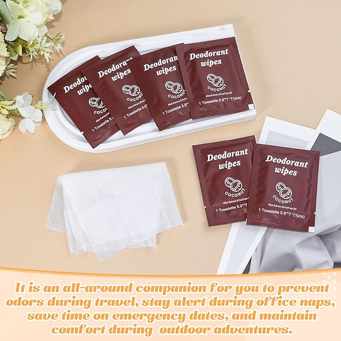 Travel Deodorant Wipes Individually Wrapped,Body Wipes to Clean Skin for Women Men（Coconut,pack of 100)