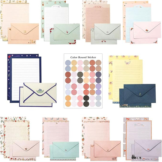 91 Pcs Stationery Paper Envelopes Set Includes 60 Lined Writing Paper & 30 Envelopes with 48 Colorful Round Dot Stickers, Cute Vintage Letter Writing and Stationery Paper Envelopes(10Style)