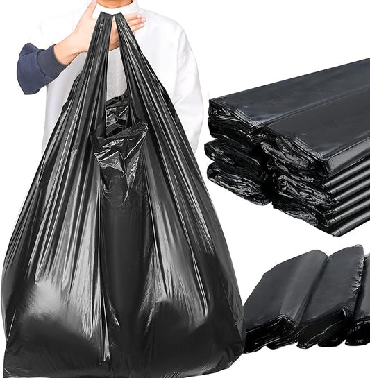 Kisston 400 Count Jumbo Size Plastic T Shirt Bags with Handles, 35 Mic, XX Large Plain Plastic T Shirt Grocery Bags, Thick and Heavy Duty (Black,32" x 19")