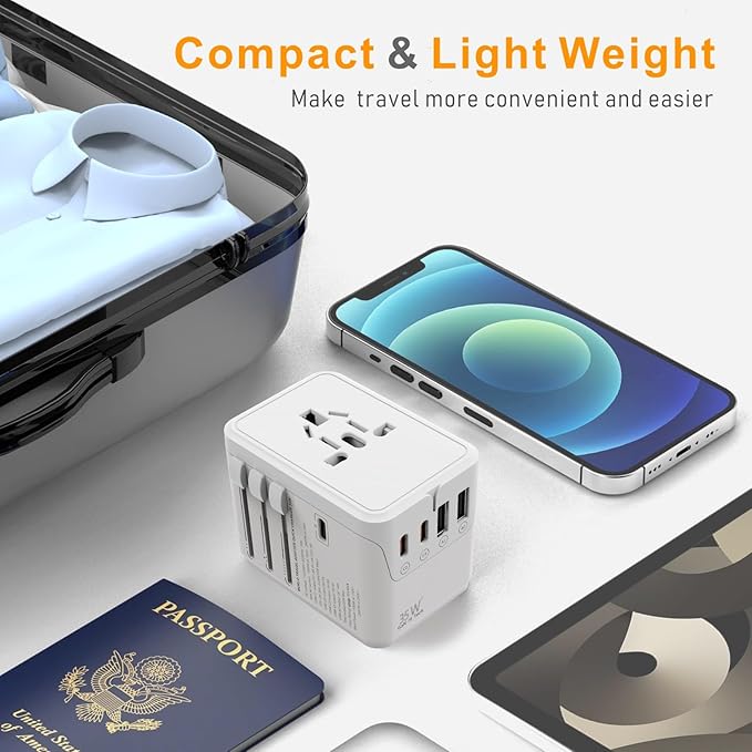 Universal Travel Adapter Worldwide- 35W GaN III/PD Fast Charge European Travel Plug Adapter with 3 USB-C& 2 USB-A Ports, International Power Adapter for US to Europe UK AUS Japan(Type C/G/A/I) (white)
