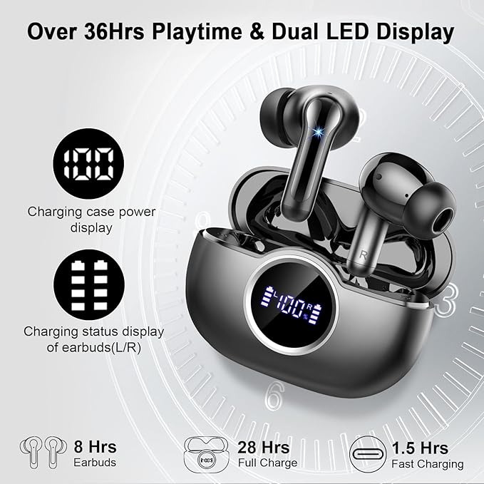 Wireless Earbuds, 2025 Bluetooth 5.4 Headphones 3D Bass Hi-Fi Stereo Ear Buds, 4 ENC Noise Cancelling Mic, 40+Hrs USB-C in-Ear Earphone, IP-X7 Waterproof Sport Workout Gym for Laptop Pad Android iOS