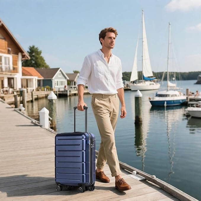 KYME Carry On Luggage 22x14x9 Airline Approved with Cup Holder Hardside Carry On Suitcase with Spinner Wheels TSA Lock Hardshell 22 inch Travel Rolling Luggage for Women Men Navy