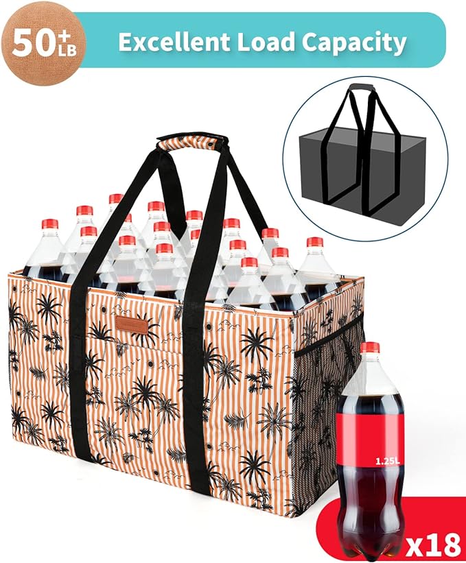 MHOMER Reusable Grocery Bags Extra Waterproof Large Utility Tote Bag with Carrying Handles Foldable Shopping Bags for Storage Space Saving Reinforced Bottom Durable Oxford Fabric Coconut Pattern