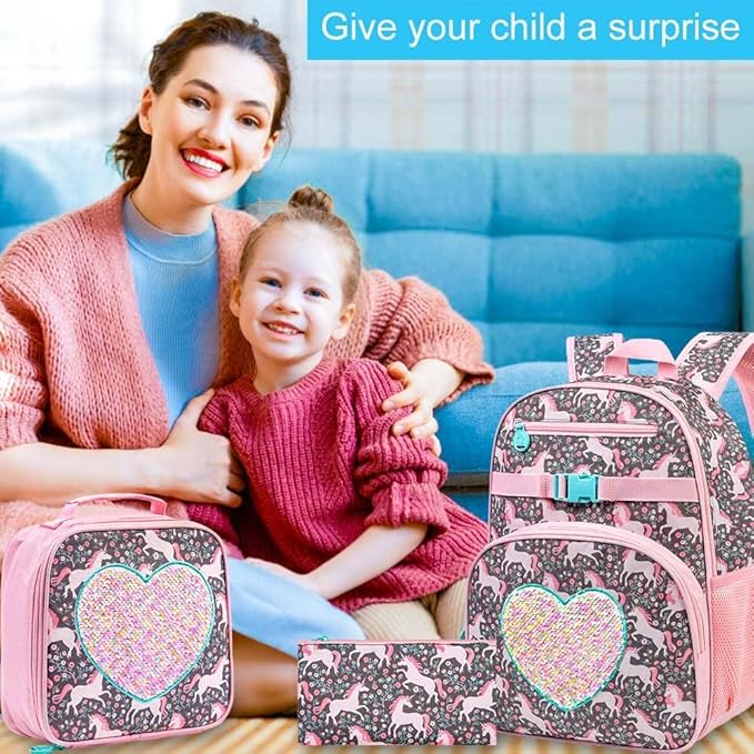 3pcs Unicorn Backpack, 16" Girls Sequin Bookbag with Lunch Box, Kids School Backpacks for Elementary Kindergarten Preschool(Pink)