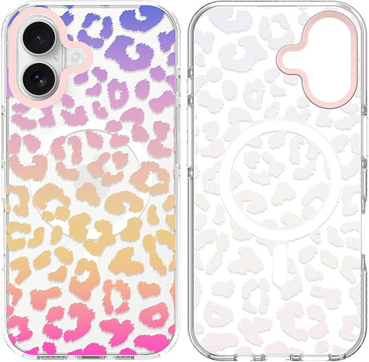 SAKUULO Magnetic for iPhone 16 Case Colourful Leopard Print Pattern [Compatible with MagSafe] [with Screen Protector] Wireless Charge Strengthen Protection Cover, Colourful Leopard (6.1")