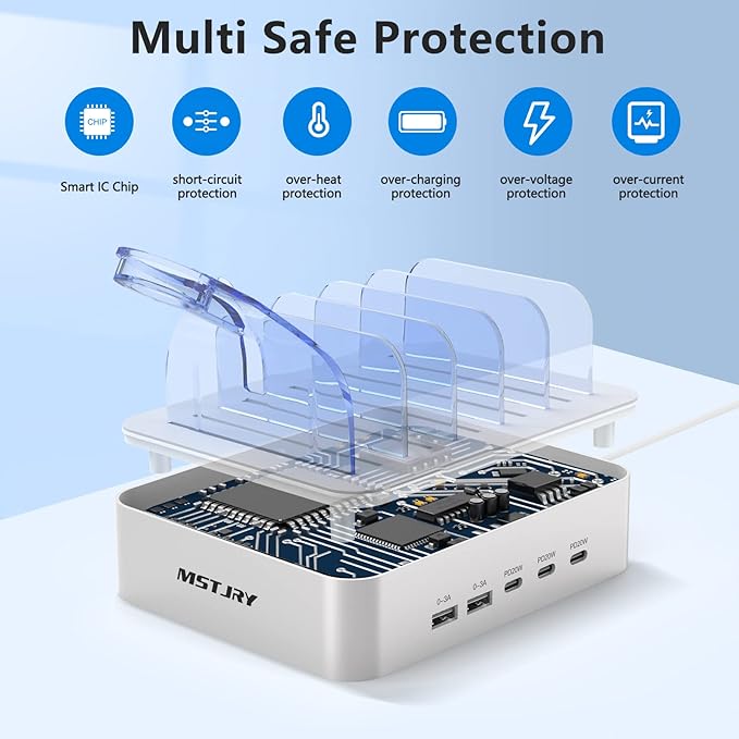 MSTJRY USB C Charging Station for Multiple Devices: 90W 5 Ports Multi Fast Charger for iPhone iPad Tablets Phone Airpods - Charging Dock Organizer with Adjustable Dividers for Home Office Classroom