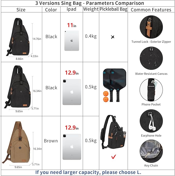 Sling Bag for Men, Large Crossbody Bag Men with Anti Theft Tunnel Lock Zipper Canvas Sling Backpack for Travel Hiking