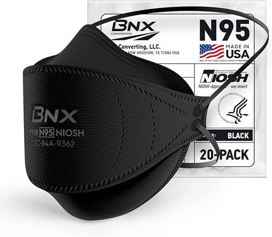 BNX N95 Mask NIOSH Certified MADE IN USA Face Mask, Tri-Fold Cup/Fish Style, 10,20,50-Pack - Black, White (Model F95B,F95W)