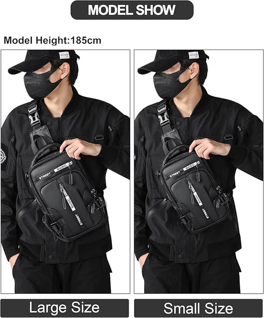 Large Black Sling Bag for Men, Shoulder Messenger Bag for Mens, Anti Theft One Strap Motorcycle Backpack Sling Chest Bag for Casual Hiking Walking Biking Travel Cycling Outdoor Sports