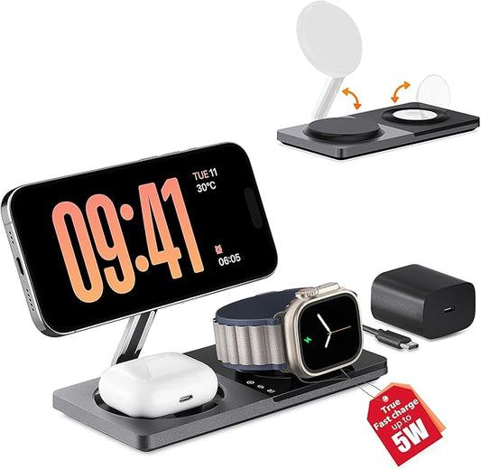 3 in 1 Charging Station for Apple Devices: Mag-Safe Charger Stand Fast Charging, Wireless Charger for iPhone 16/15/14/13/12 Series, Apple Watch Series 1-9/Ultra, AirPods Pro,30W USB Charger (Black)