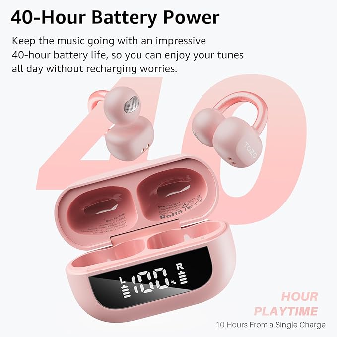 TOZO OpenEarRing True Open Ear Headphones, Lightweight Comfort Open Ear Clip Wireless Earbuds, 40H Play Bluetooth 5.4 Headphones with Smart Digital Display Design Fit Sports Running, Workout Pink