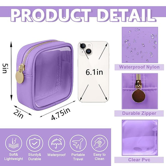 Clear Mini Makeup Bag for Purse, Small Nylon&PVC Cosmetic Travel Bag TSA Approved Toiletry Bag with Zipper, Preppy Transparent Makeup Travel Bag Coin Purse for Women Men Girls(Mini-Purple)
