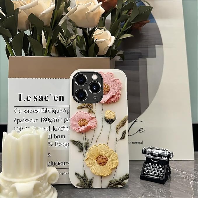 Case for iPhone 11 Pro Max Case,Faux Embroidery Boho Floral Design - Hybrid Dual Protection Silicone + Hard PC Shockproof Full Body Cover Slim Anti-Scratch Protective Case for Men Women