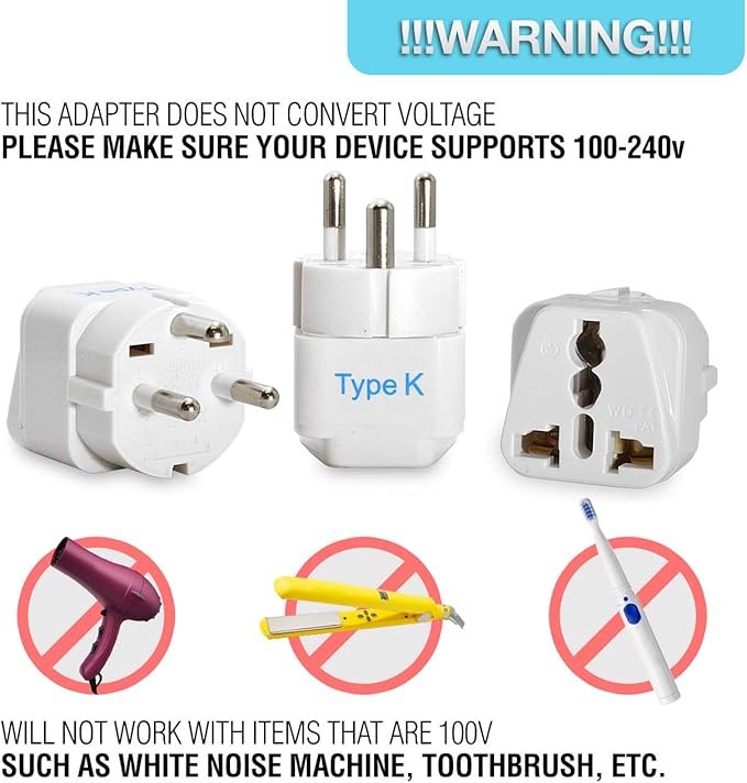 Ceptics Denmark Travel Plug Adapter (Type K) - 3 Pack (Does Not Convert Voltage) (GP-20-3PK) [Grounded & Universal]