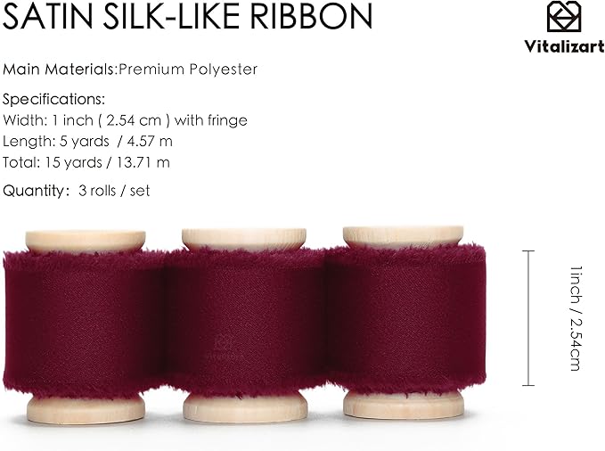 Vitalizart Silk Satin Ribbon 1 inch x 15 Yard Burgundy Red Handmade Frayed Ribbons for Gift Wrapping Baby Shower Wedding Bridal Bouquets Holiday Decor