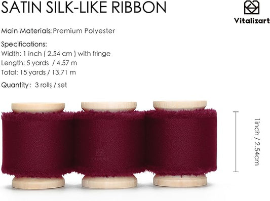 Vitalizart Silk Satin Ribbon 1 inch x 15 Yard Burgundy Red Handmade Frayed Ribbons for Gift Wrapping Baby Shower Wedding Bridal Bouquets Holiday Decor