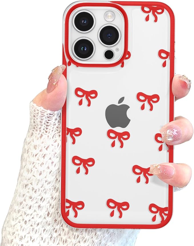 EYZUTAK Case for iPhone 14 Pro, Clear Cute Ribbon Bowknot Pattern Aesthetic Transparent Phone Case Raised Camera Protection Stylish Slim Soft Durable TPU Protective Cover for Women Girls - Red
