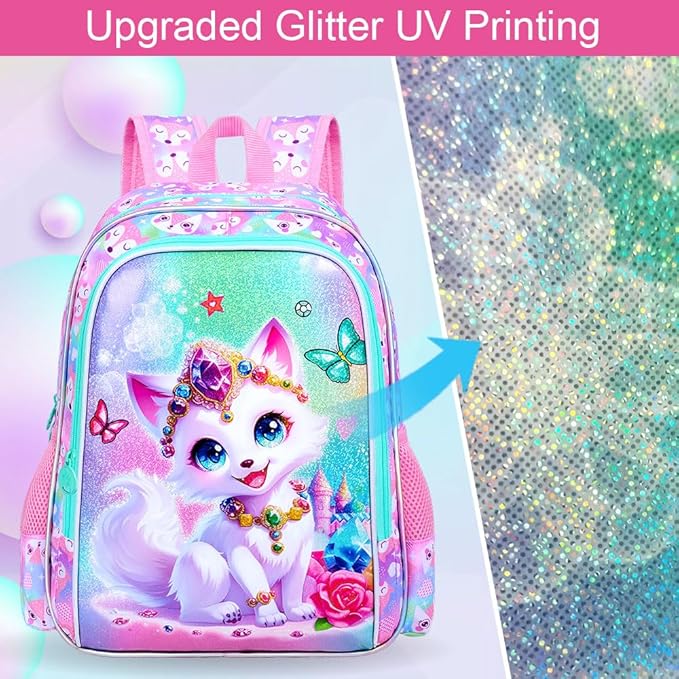 3Pcs Fox Backpack for Girls, 16" Kids Bookbag with Lunch Box，School Backpacks for Elementary Preschool Kindergarten (Pink)