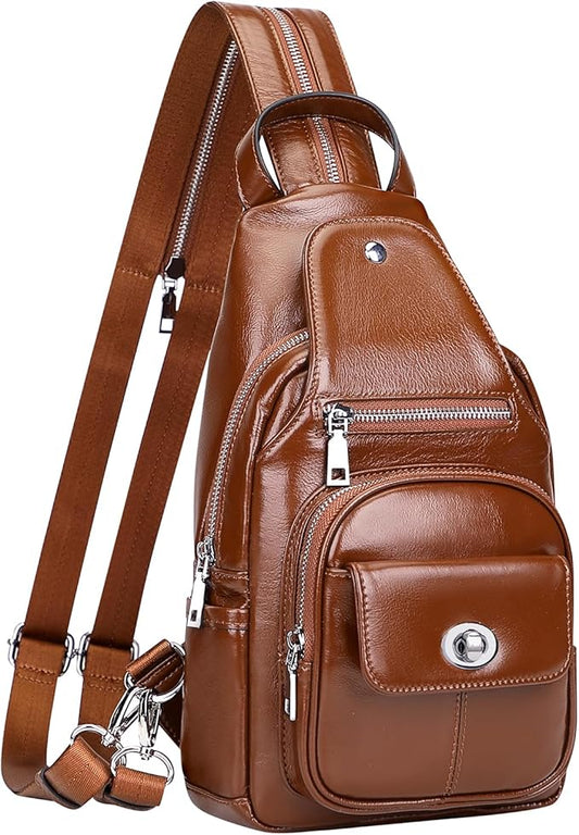 Over Earth Genuine Leather Sling Bag for Women Men Small Crossbody Purse Causal Hiking Chest Backpack (O212E Brown)