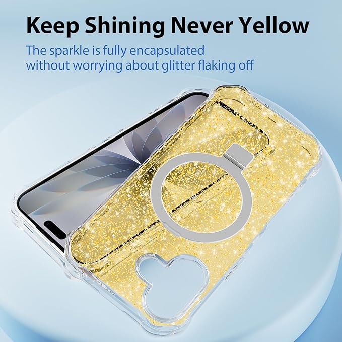 Magnetic for iPhone 17 Case with Invisible Stand, Compatible with MagSafe, Clear Bling Sparkle Shockproof Slim Anti-Slip Military Drop Protection Hard Phone Case 6.3" Glitter Gold