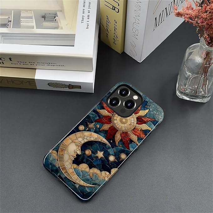 Case for iPhone 13 Pro Case,Sun Moon Stars Faux Stained Glass Design - Hybrid Dual Protection Silicone + Hard PC Shockproof Full Body Cover Slim Anti-Scratch Protective Case for Men Women