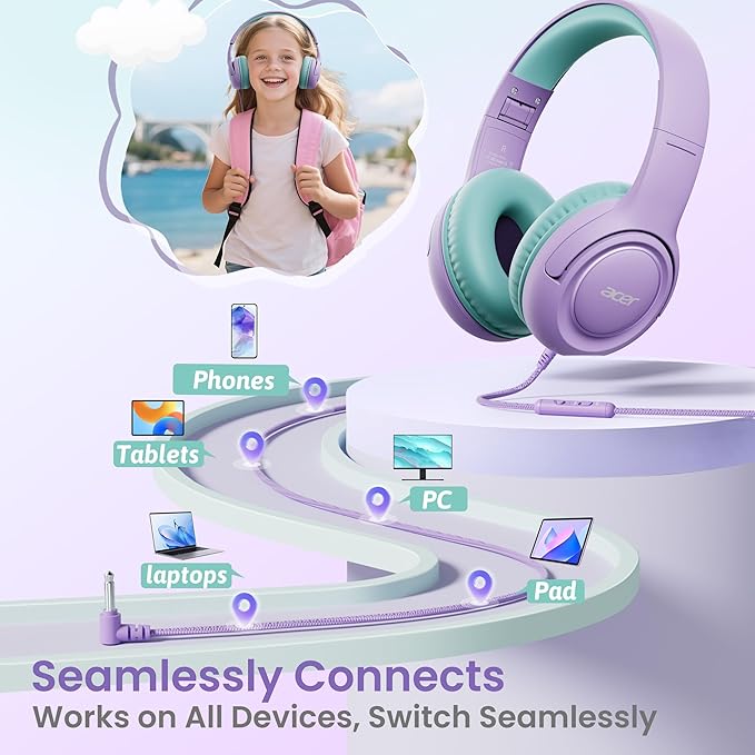 Kids Headphones with Cord for School - Over-Ear 85/94dB Volume Limiter, 3.5mm Jack Foldable Stereo Sound Headset for Toddlers Girls Boy Travel Learning Entertainment Tablet Kindle iPad PC Purple Green