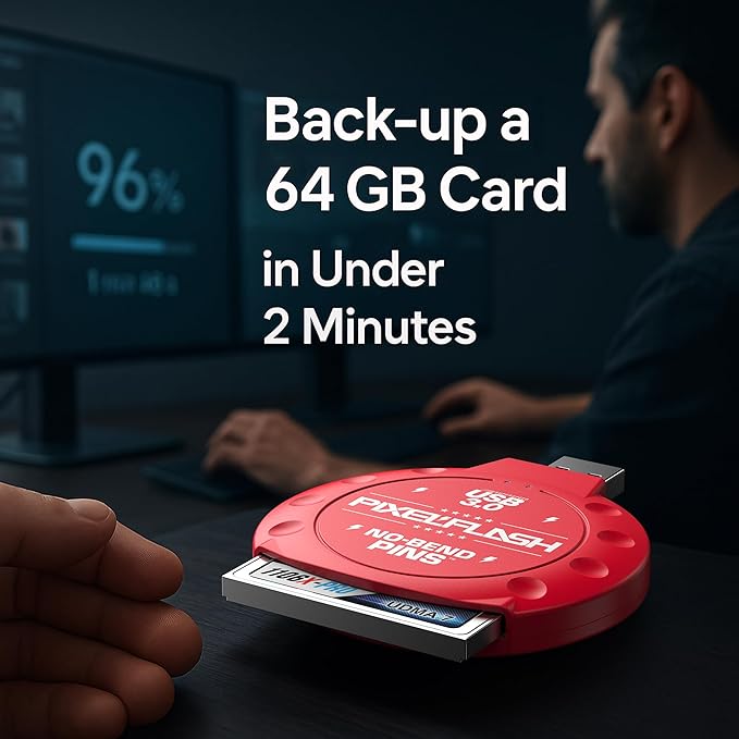 PixelFlash CF Card Reader (Red) - Compact Flash Memory Card Adapter with Cabled USB 3.0, 5GB/s File Transfer, No-Bend Pins, Supports UDMA-7, Anti-Slip & Anti-Scratch, Compatible to Most Brands & OS