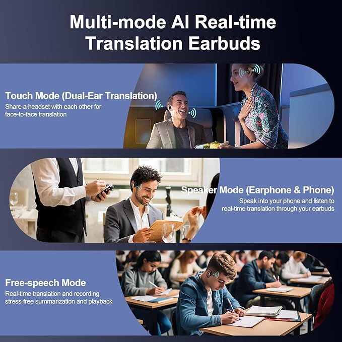 AI Translation Earbuds Real Time 3-in-1, 144 Language No Subscription Fees, Language Translator Device with APP Fit iOS & Android Bluetooth Headphones for Business Office and Travel (Black)