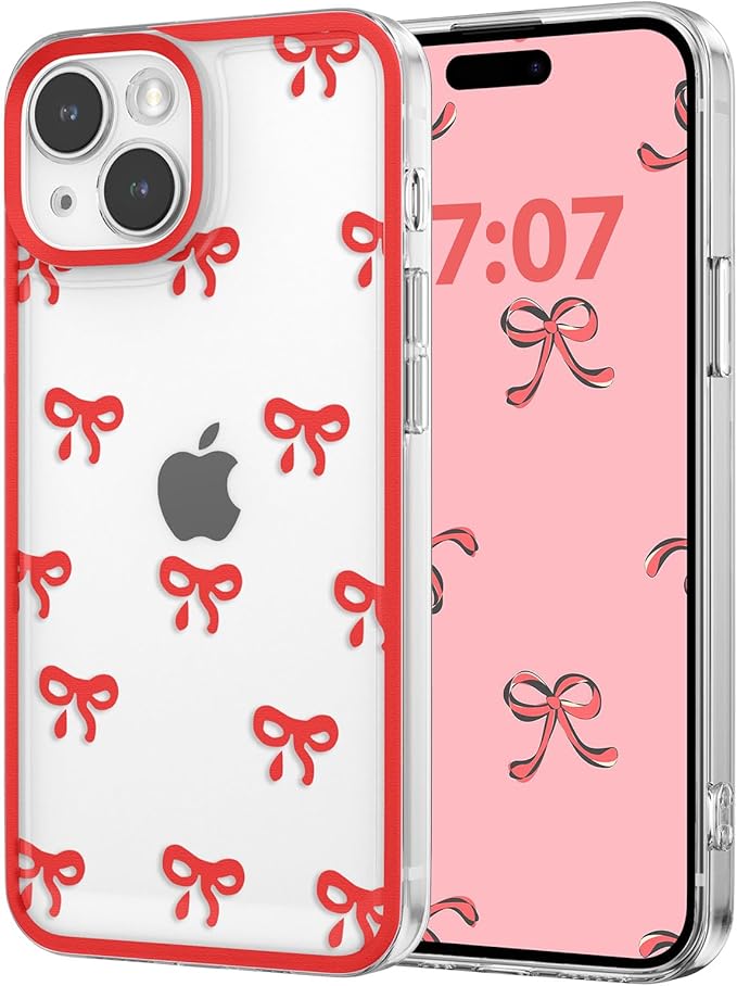 EYZUTAK Case for iPhone 14 Plus, Clear Cute Ribbon Bowknot Pattern Aesthetic Transparent Phone Case Raised Camera Protection Stylish Slim Soft Durable TPU Protective Cover for Women Girls - Red