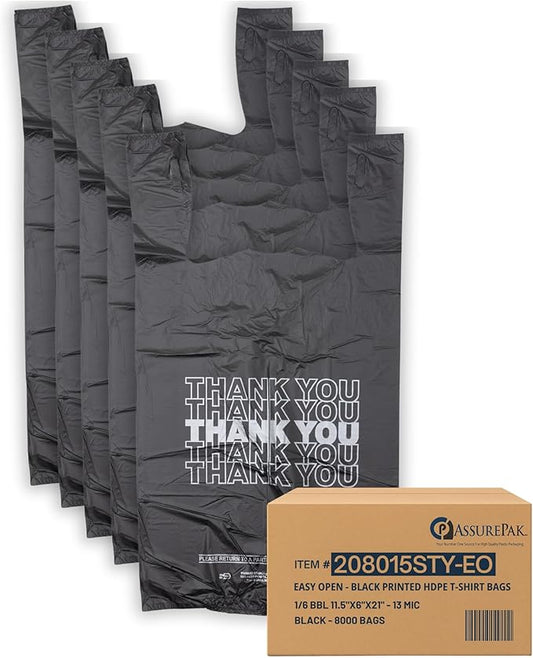 Easy Open - 800 Bags - Black Printed HDPE T-Shirt Bags - 1/6 BBL 11.5"X6"X21" - 13 microns - Black - Thank You Shopping Bags for Retail, Takeout, Restaurant Supplies – 208015STY-EO