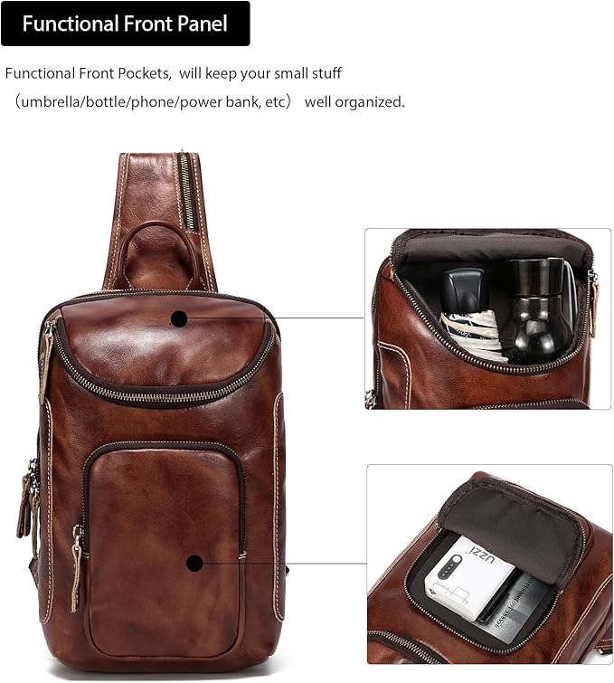 LANNSYNE Vintage Full Grain Leather Sling Bag Crossbody Chest Daypack