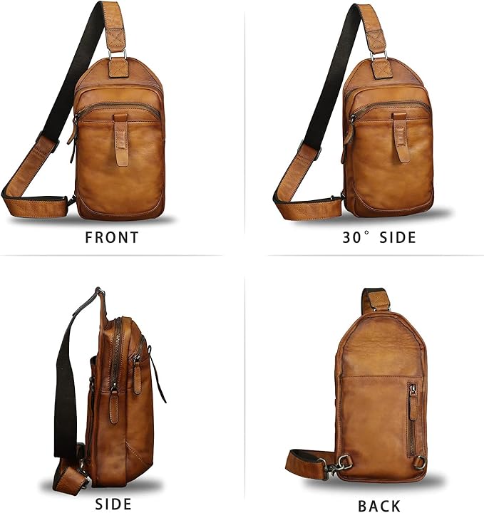 LRTO Genuine Leather Silng Bag for Men and Women Retro Leather Sling Backpack Purse Shoulder Crossbody Bag Chest Bag