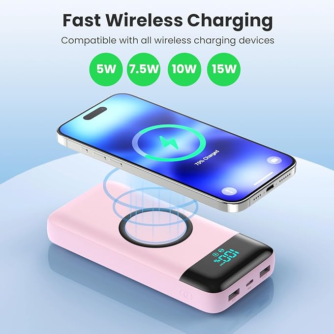 Wireless Portable Charger 40800mAh with 3 Built-in Cables,7-in-1 15W Wireless Charging Power Bank,25W PD QC 4.0 Fast Charging USB C LCD Display Battery Pack for iPhone 16/15/13,Samsung,Android-Pink