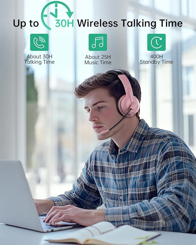Wireless Headset with Mic for Work with AI Noise Cancelling Mic for Clear Calls, Bluetooth V5.3 Headphones with Microphone to USB A/C Dongle & Mic Mute for Computer Laptop PC iPhone (Pink Black)