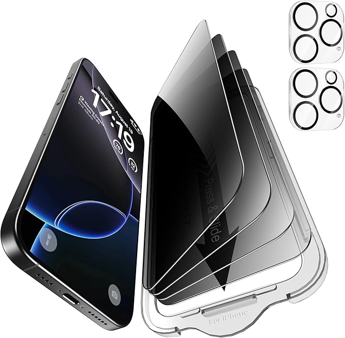 EZ-GLAZ- 4 Pack for iPhone 16 Pro Privacy Screen Protector [6.3"] With 2 Pack Camera Lens Protector, 9H+ Hardness 12FT Military Grade Shatterproof Scratch Resistant Durable Tempered Glass Film with Flawless Fit Kit