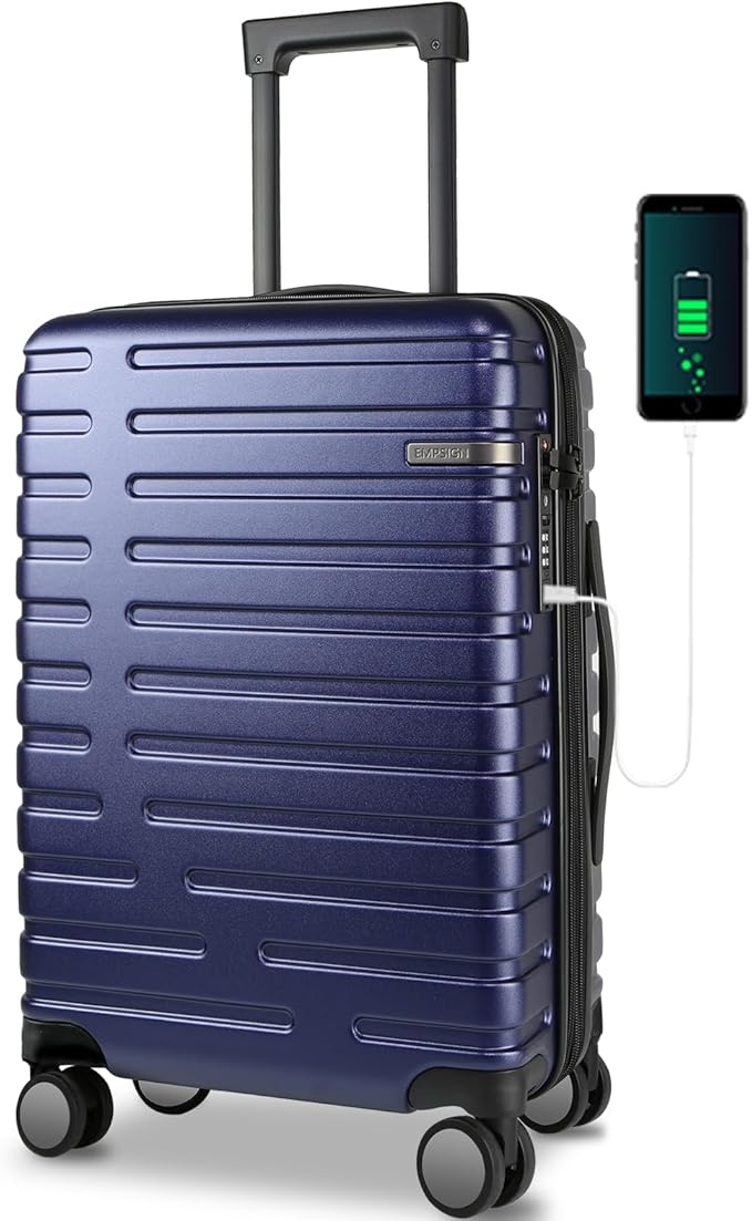 EMPSIGN Carry On Luggage with Spinner Wheels, Hard Shell Carry-On Expandable Suitcase 21x14x9 Airline Approved & Built-in TSA Lock, Durable Travel Rolling Suitcase, Carry-On 20-Inch, Navy