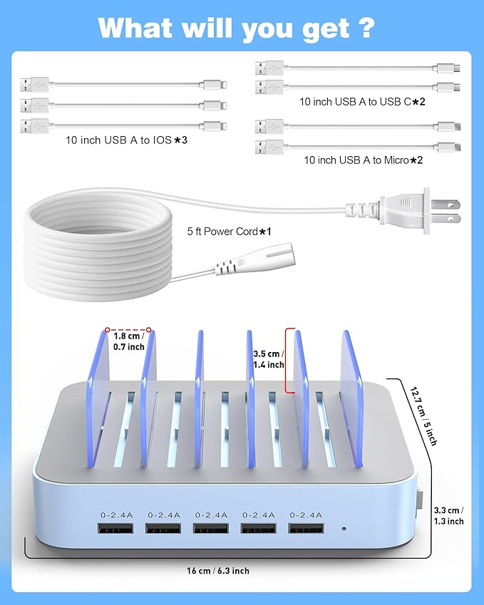 MSTJRY Charging Station for Multiple Devices : 5 Port Multi USB-A Charger Stations Multi-Device Organizer Charging Dock Designed for iPhone iPad Cell Phone Tablets (7 Short Cables Included), Blue