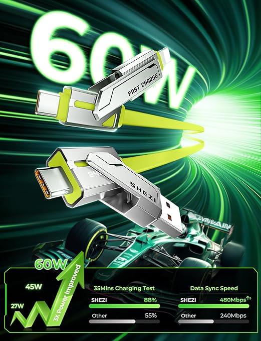 [2025 Upgrade] 4-in-1 USB C Cable 60W 5FT Compatible With Lightning Cable [Fast Charging & Data Transfer] Flat Type C/A to C/L Cord for iPhone/iPad, Multi Charger Wire Combo for All Devices (Green)