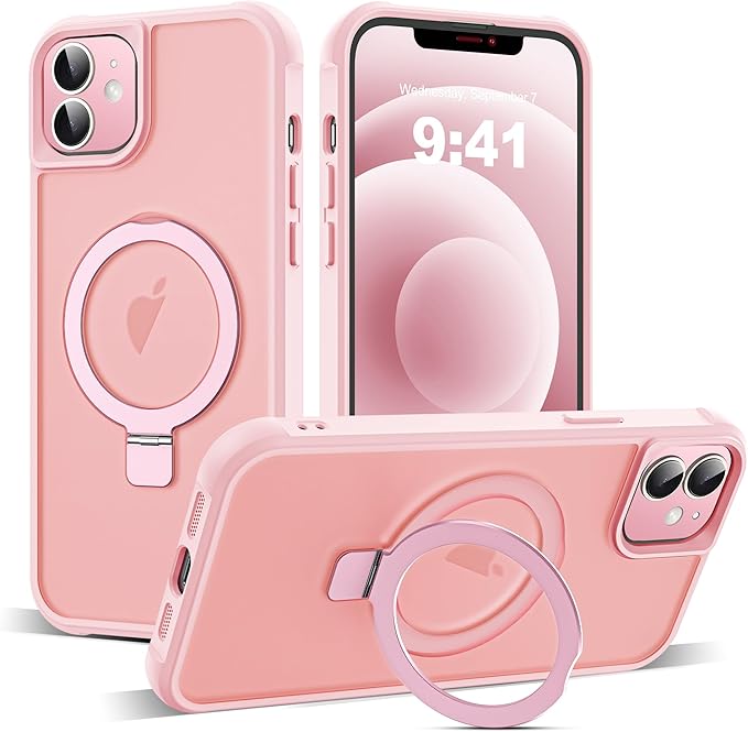 Compatible with iPhone 12 Case & iPhone 12 Pro Case with Invisible Magnetic O-Ring Stand Translucent Phone Cases 6.1" [Compatible with Mag-Safe][Great Grip Feeling], Pink