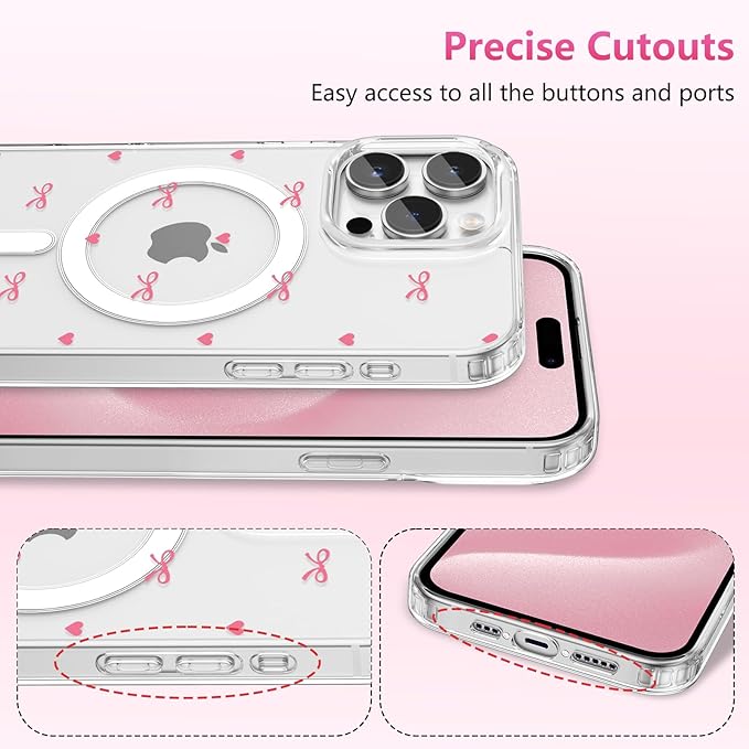 ZTOFERA for iPhone 13 Pro Max Magnetic Case Clear,Cute Love Heart Ribbon Bow Tie Aesthetic Phone Case,Transparent Trendy Slim Soft Shockproof Protective Phone Cover for Women Girls,Rose Pink