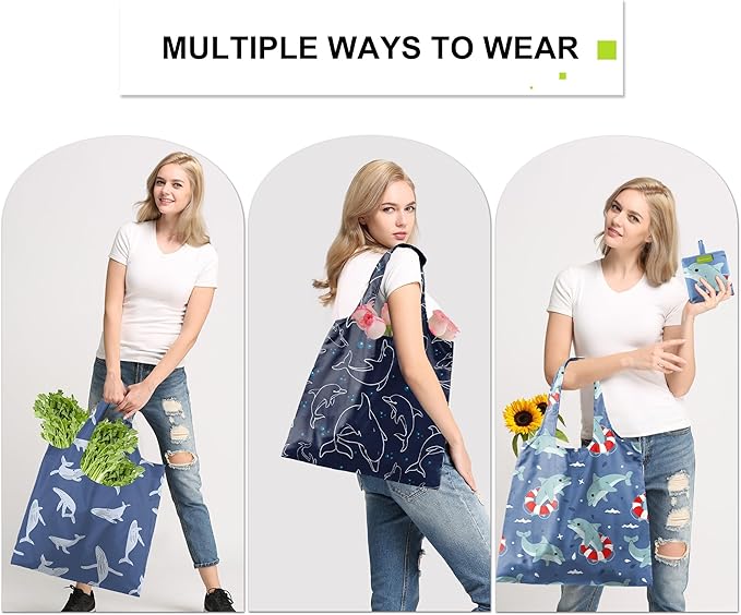 BeeGreen Dolphin Reusable Shopping Bags 6 Pack - Heavy Duty Washable and Foldable Polyester Shopping Bag for Women, Reusable Gift Grocery Totes Market Tote Bag with Handles for Travel Holiday