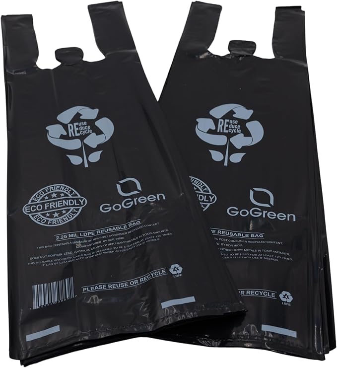 Black Reusable/Eco-Friendly LDPE T-Shirt - Single Bottle Bag 6"X4"X20" - 400 Bags - 57 Micron (2.25 mil) - Black - BLKLD40REC225REUSE6420