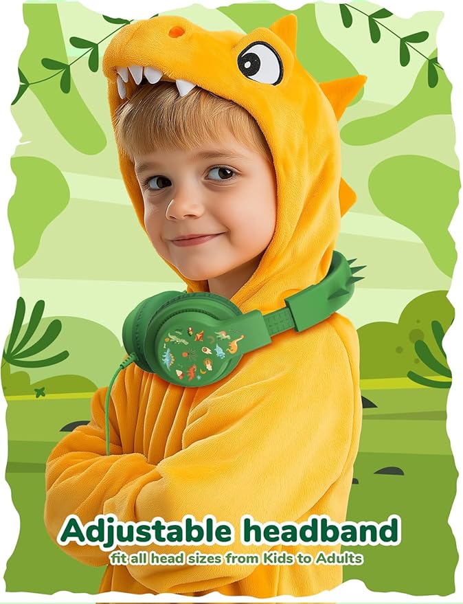 iClever Kids Headphones for School Travel, Safe Volume 85dBA, Stereo Sound Over-Ear for Kid, Foldable 3.5mm Wired Dinosaur Headphones for iPad Computer, HS19S