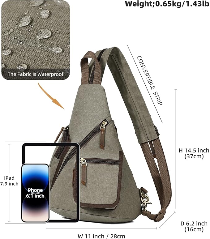KL928 Canvas Sling Bag - Casual Crossbody Shoulder Daypack Rucksack Backpack for Men Women, Olive Green